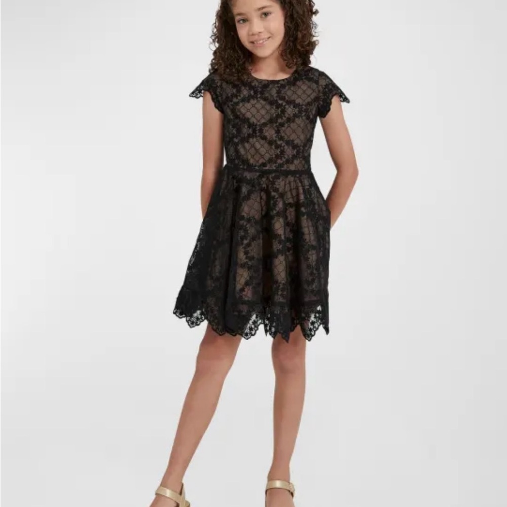 Bardot Black and Tan Fit and Flare Dress with Flutter Cap Sleeves
